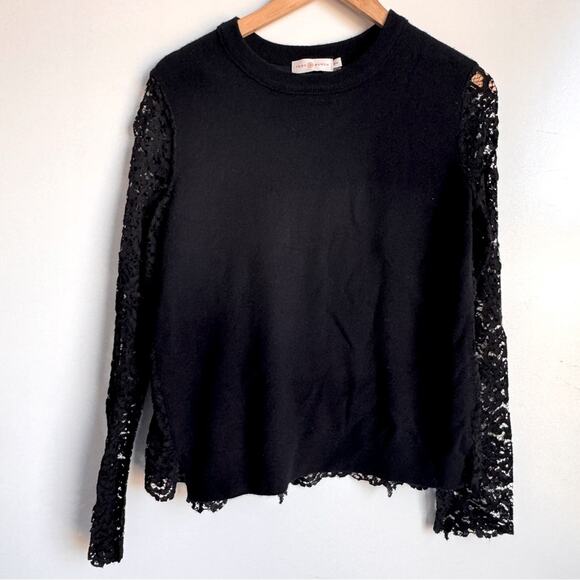 Tory Burch Sweaters - Tory Burch size medium Black Lace Merino Wool Tiered Pullover Sweater Spring Lux